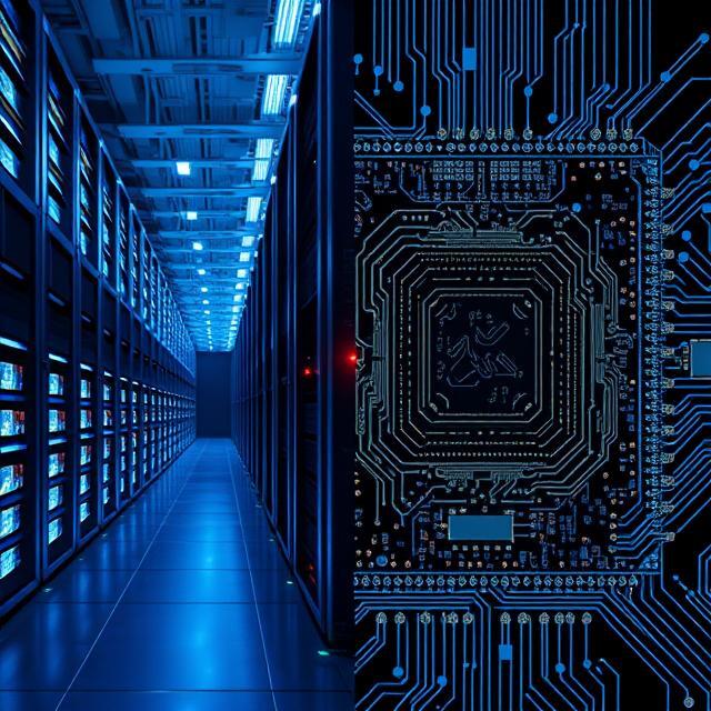 The “compute arms race” split-scene: data center racks facing a silicon wafer and custom chip die.