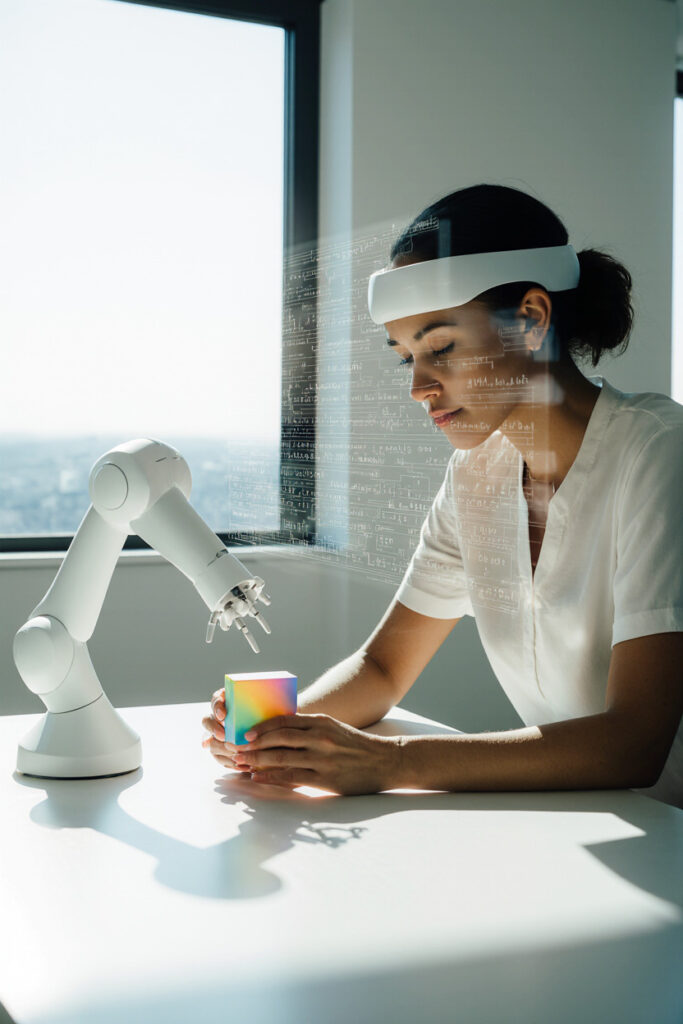 Person with a non-invasive EEG cap directing a robotic arm to move a block.